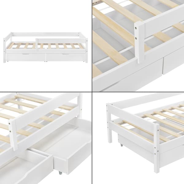 [en.casa]® Barn sängstomme Borgarnes inkl. ribbotten-200x90cm-furu-vit-max. belastning: 100 kg-med sängskydd-2 lådor