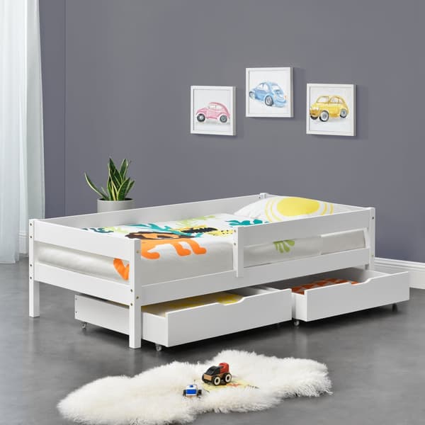 [en.casa]® Barn sängstomme Borgarnes inkl. ribbotten-200x90cm-furu-vit-max. belastning: 100 kg-med sängskydd-2 lådor