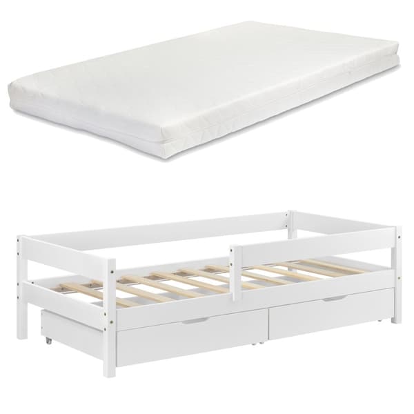 [en.casa]® Barn sängstomme Borgarnes inkl. madrass och ribbotten-200x90cm-furu-vit-max. belastning: 100 kg-med sängskydd