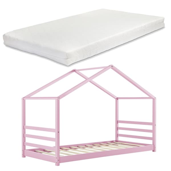 Juniorsäng Vardø hussäng inkl. madrass 200x90 cm furu rosa [en.casa]