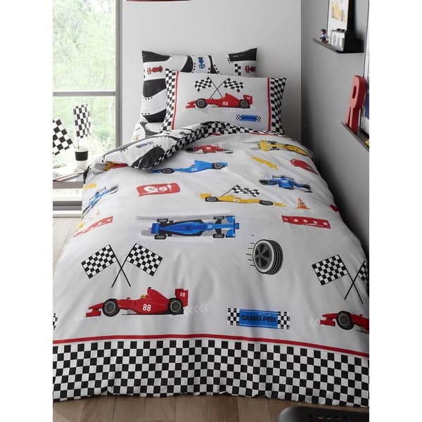 Racing Cars Duvet Cover Set White/Black/Red Single