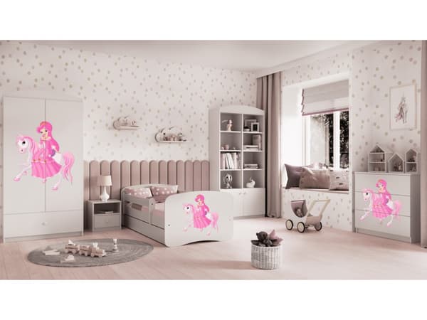 Babydreams lastensänky 140x70cm patjalla Basic ilman säilytyslaatikkoa - Prinsessa ratsulla, valkoinen