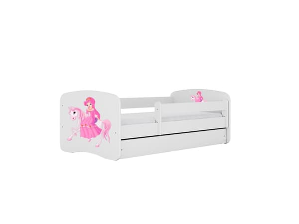 Babydreams lastensänky 180x80cm patjalla Basic ja säilytyslaatikolla - Prinsessa ratsulla, valkoinen