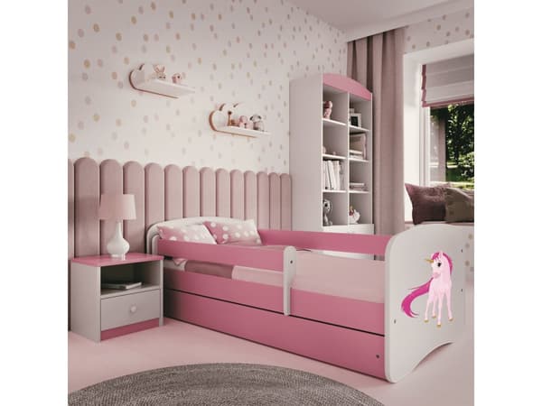 Babydreams lastensänky 180x80cm patjalla Basic ja säilytyslaatikolla - Yksisarvinen, vaaleanpunainen