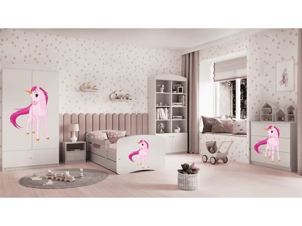 Babydreams lastensänky 180x80cm patjalla Basic ja säilytyslaatikolla - Yksisarvinen, valkoinen