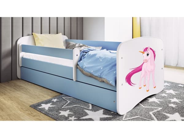 Babydreams lastensänky 180x80cm säilytyslaatikolla - Yksisarvinen, sininen