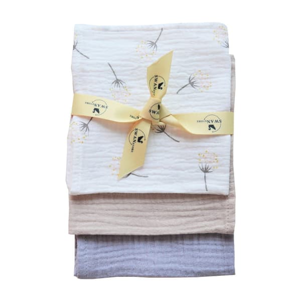 Muslinbleer 30x30 - beige + grå + hvide mælkebøtter, SwanStore