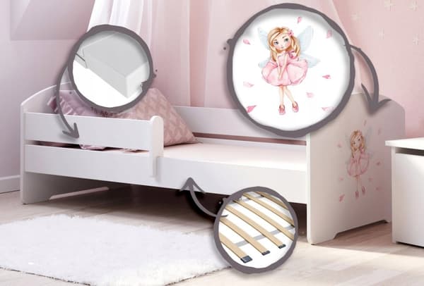 LUK lasten sänky kaiteella 160x80 Tyttö siivekkäin