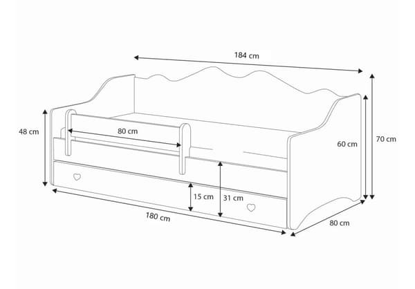 Emma lastensänky 180x80 vaaleanpunainen, laatikolla varustettuna