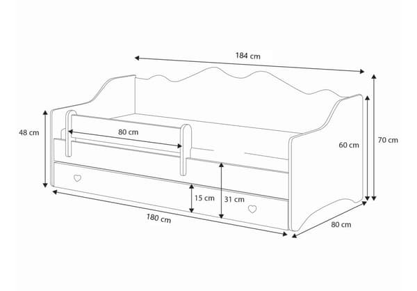 Emma lastensänky 180x80 vaaleanpunainen, laatikolla varustettuna