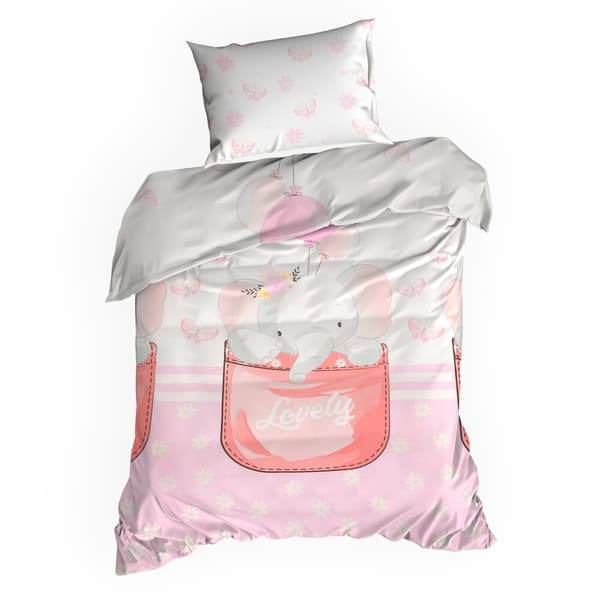 Satin sängkläder KID 100x135 Eurofirany multicolor med rosa elefanter och fjärilar