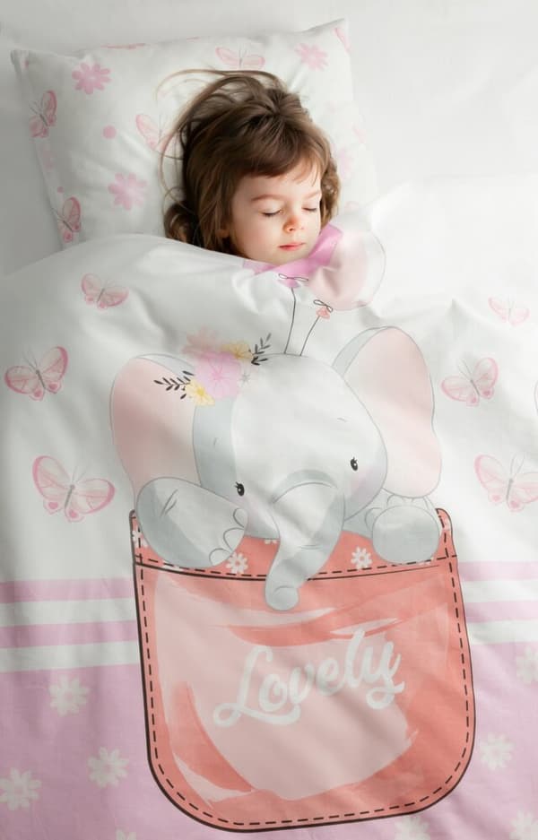 Satin sängkläder KID 100x135 Eurofirany multicolor med rosa elefanter och fjärilar