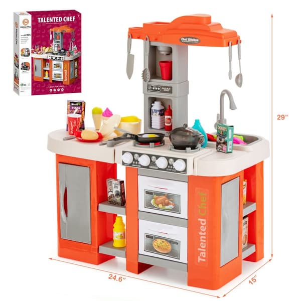 Leksakskök Set, 67 Delar Leksakskök för Barn med Mat och Realistiska Ljus och Ljud, 24.5x15x29 tum, Orange/Blå