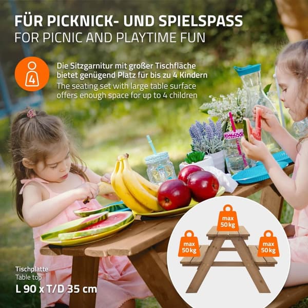 Sittgrupp för barn Picknickbord för 4 barn Brun tillverkad av massivt trä från 2 år Sittgrupp för utomhuslek ML-design