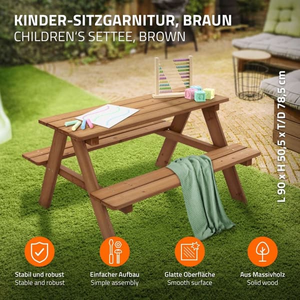 Sittgrupp för barn Picknickbord för 4 barn Brun tillverkad av massivt trä från 2 år Sittgrupp för utomhuslek ML-design
