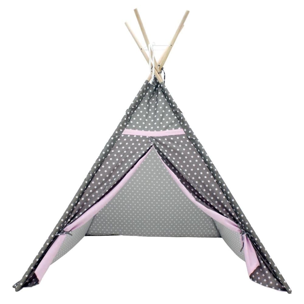 ECD Germany Tipi Indisk teltlegetelt til børn 115x115x160 cm lavet af polyestergrå med hvide stjerner, lyserøde dørpaneler med opbevaringspose -