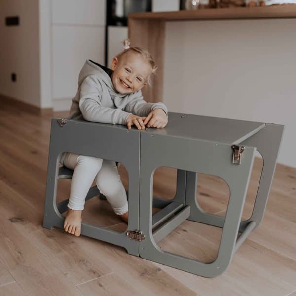 2-i-1 Montessori Kökstorn för Barn – Omvandlingsbart Bord & Stol  - Justerbar Montessori Kökspall för Småbarn