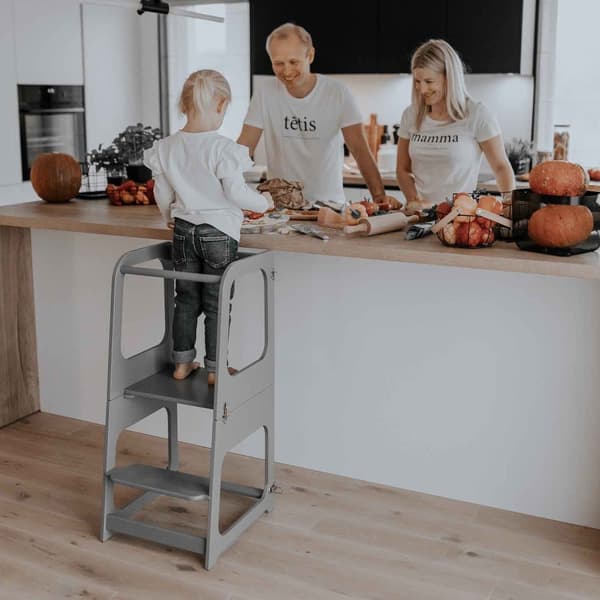 2-i-1 Montessori Kökstorn för Barn – Omvandlingsbart Bord & Stol  - Justerbar Montessori Kökspall för Småbarn