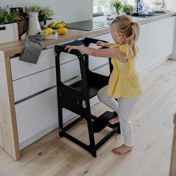 2-i-1 Montessori Kökstorn för Barn – Omvandlingsbart Bord & Stol  - Justerbar Montessori Kökspall för Småbarn