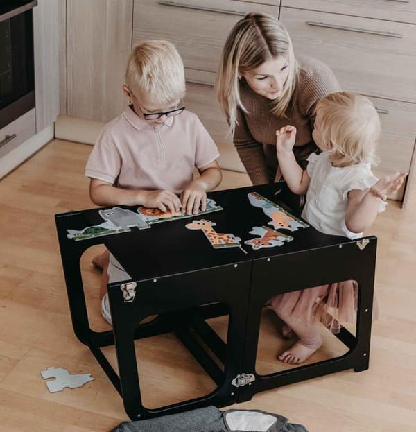 2-i-1 Montessori Kökstorn för Barn – Omvandlingsbart Bord & Stol  - Justerbar Montessori Kökspall för Småbarn
