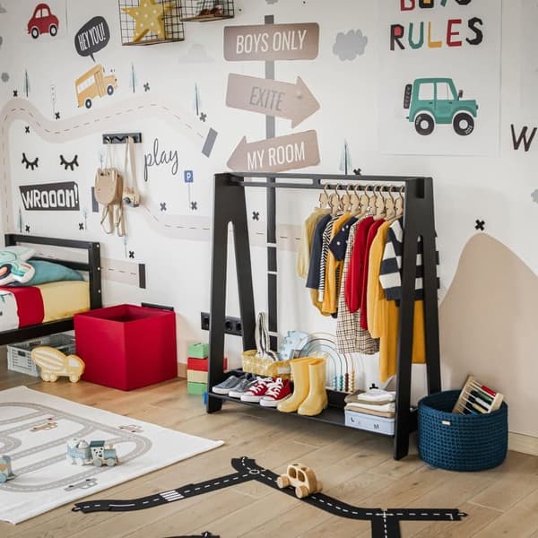 Baby garderobe A-ramme tøjstativ Børnegarderobe tøjstativ Venlig garderobe tøjforhandler stativ, Børneopbevaringsstativ Børne påklædningsstativ Sort