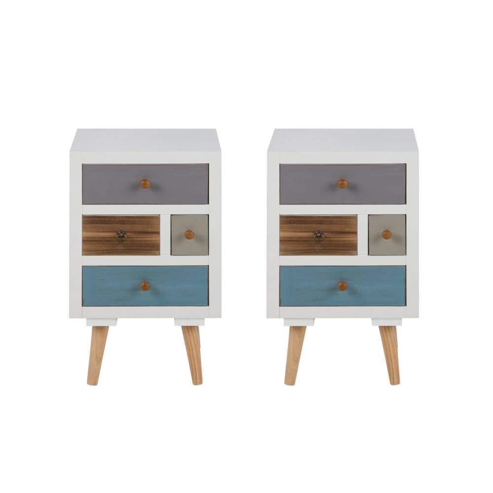 Thames nattduksbord i 2 delar vit med olikfärgade lådor. Levereras monterat.