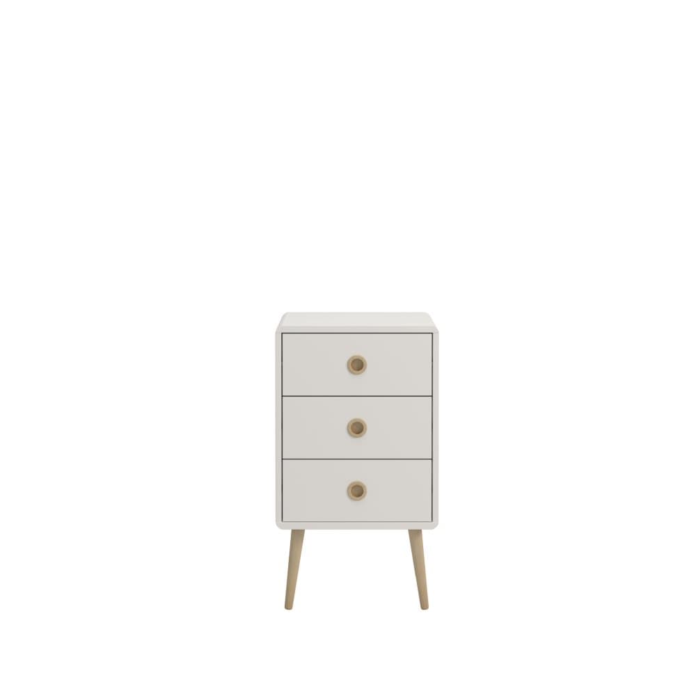 Sofus nattduksbord med 3 lådor vitlackad med ekben och grepp.