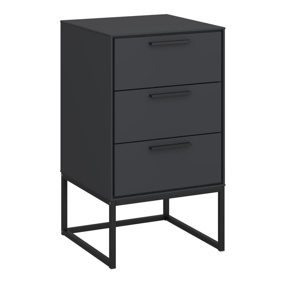 Sline nattduksbord 3 lådor, grålackerad, svart metallunderrede.