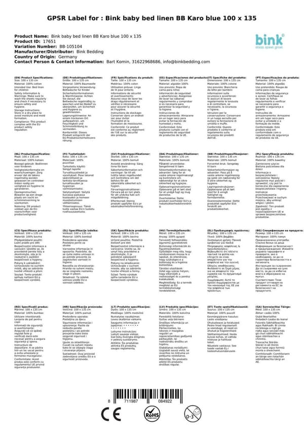 Bink sengetøj til børn BB check blå 100 x 135
