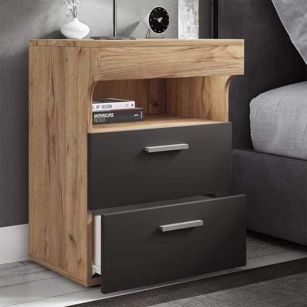 SlepalL nattbord 2 skuffr 1 hylle antracitt, eik dekor.