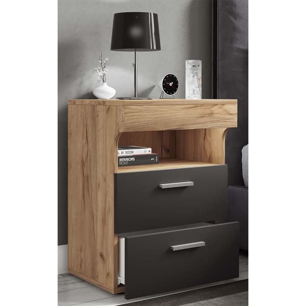 SlepalL nattbord 2 skuffr 1 hylle antracitt, eik dekor.
