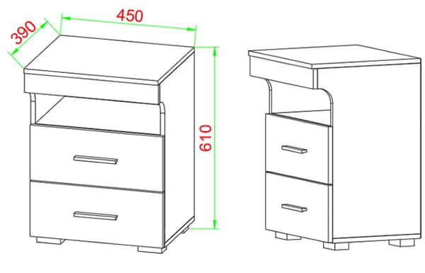 SlepalL nattbord 2 skuffr 1 hylle antracitt, eik dekor.