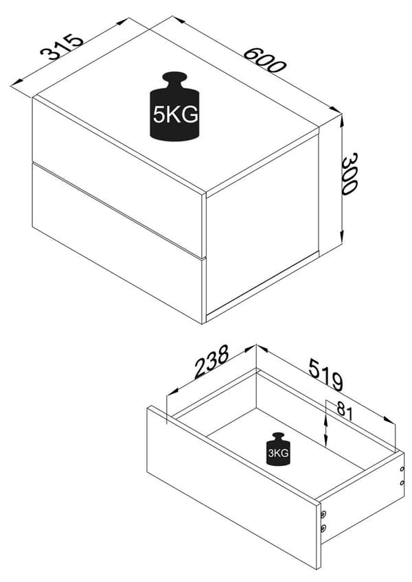 UsalL60 nattbord vegghengt 2 skuffr svart, eik dekor.
