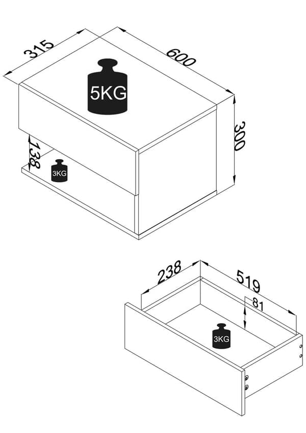 UsalXL60 nattbord vegghengt 1 skuff 1 hylle hvit, eik dekor.