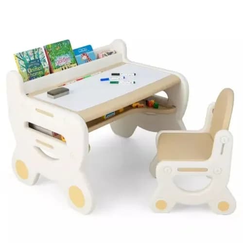 Barnbord och stolset, Rymlig design, Ergonomisk ryggstöd,Brun och vit