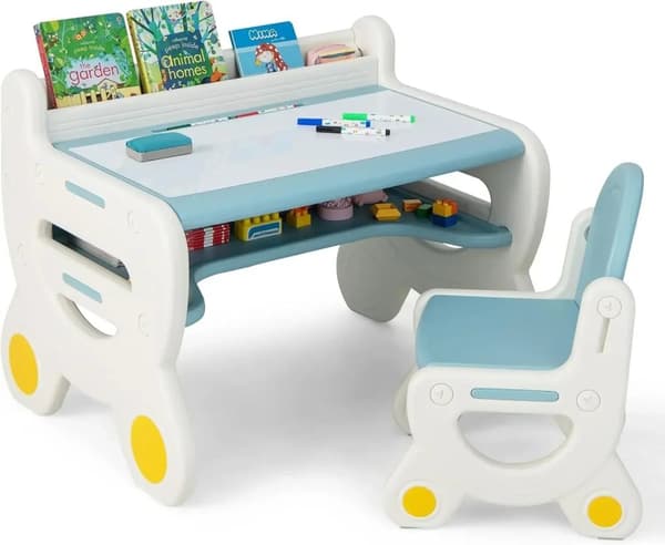 Barnbord och stolset, Rymlig design, Ergonomisk ryggstöd,Brun och vit