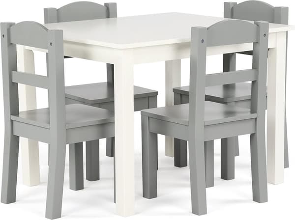 Humble Crew set med fyrkantigt barnbord i trä och fyra stolar, vit/grå