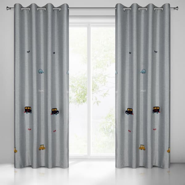Färdig gardin med öljetter ALVIN 140x250 Eurofirany silver med broderade bilar