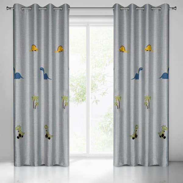 Färdiggjord gardin med DINO-öglor 140x250 Eurofirany silver med broderad dinosaurie