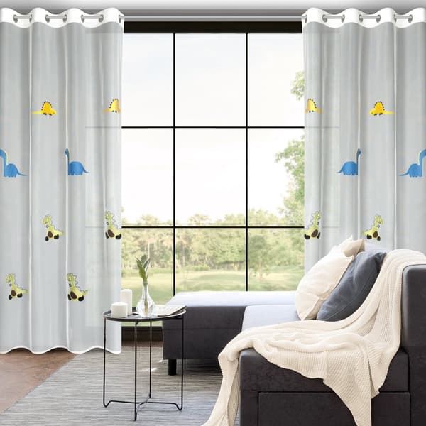 Färdig gardin med DINO-öglor 140x250 Eurofirany vit med broderad dinosaurie