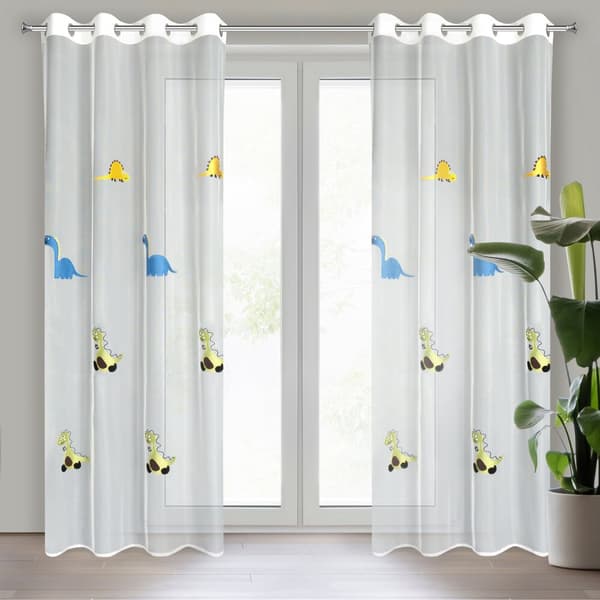 Färdig gardin med DINO-öglor 140x250 Eurofirany vit med broderad dinosaurie
