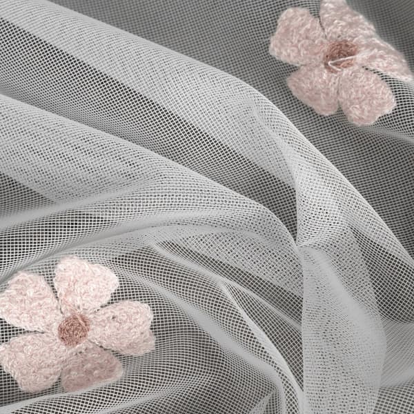Færdiglavet gardin med øjer ELSA 140x250 Eurofirany hvid med broderede lyserøde blomster