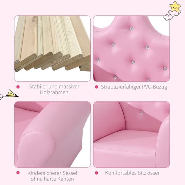 Flickstol, Mjuksoffa med Kristallknappar, 58x40.5x49 cm, Rosa