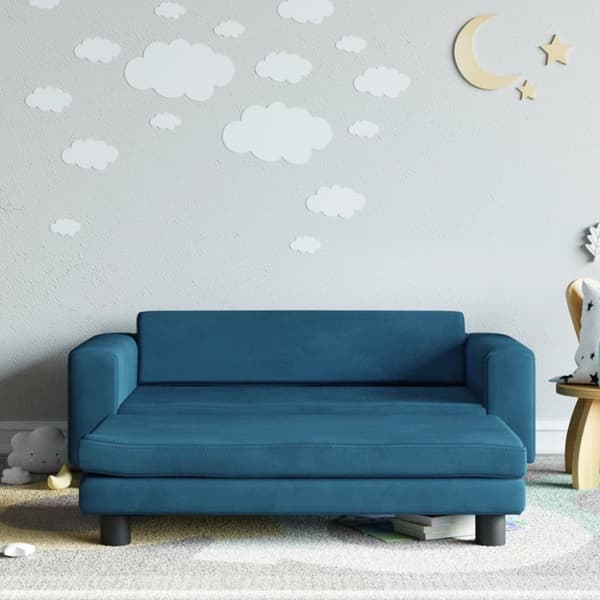 Barnsoffa med fotpall blå 100x50x30 cm sammet