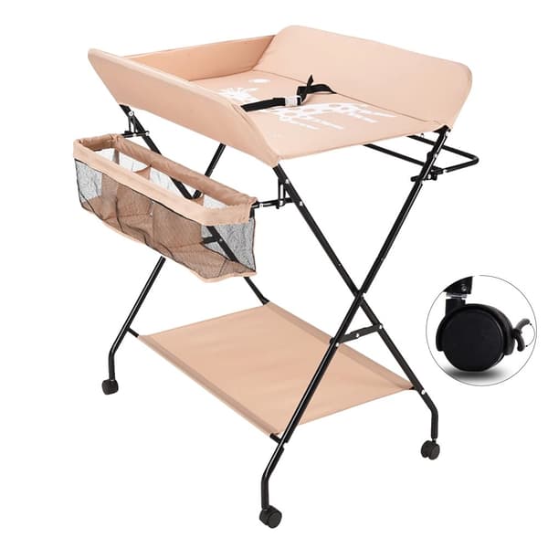 Fällbart Skötbord för Spädbarn, 3 Fack, Stabil Konstruktion,Khaki med hjul