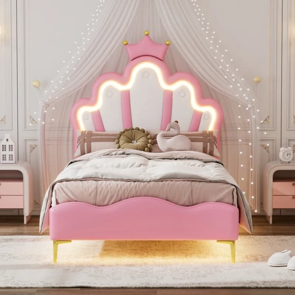 Børneseng, kroneformet design, LED-omgivelseslysstrimmel, Pink