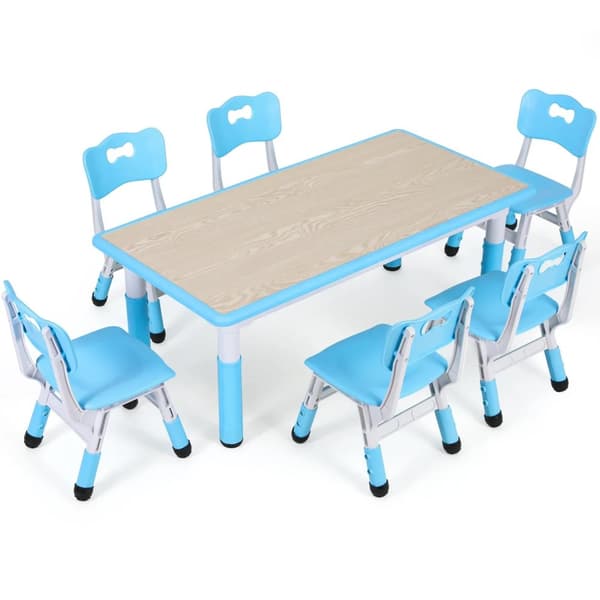 Justerbart Barnbord och 6 Stolar Set, Hållbar Plastträ, Modern Design,Blå