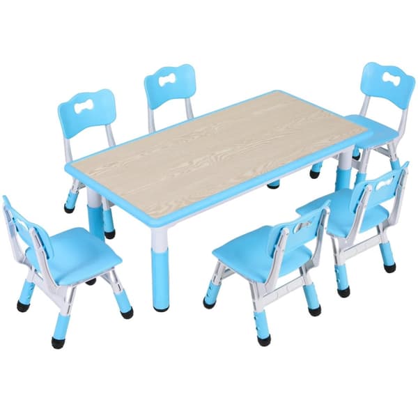 Justerbart Barnbord och 6 Stolar Set, Hållbar Plastträ, Modern Design,Blå
