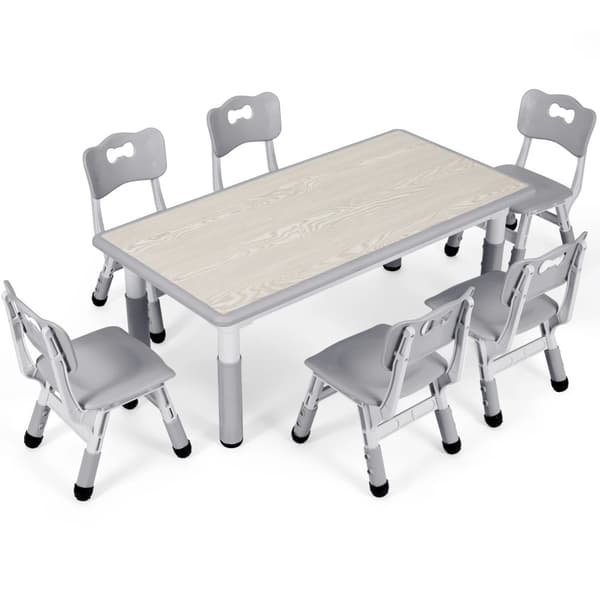 Justerbart Barnbord och 6 Stolar Set, Hållbar Plastträ, Modern Design,Grå