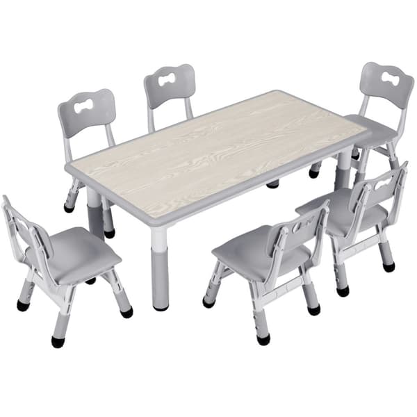 Justerbart Barnbord och 6 Stolar Set, Hållbar Plastträ, Modern Design,Grå